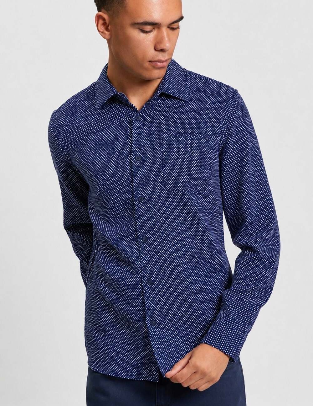 Ben Sherman Tailored Skinny Fit Dress Shirt Navy Micro Print 15.5 32/33